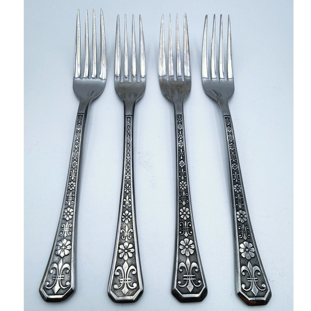 4 Vintage Interpur Florenz Fleur de Lis Dinner Forks Korea Stainless Mid Century